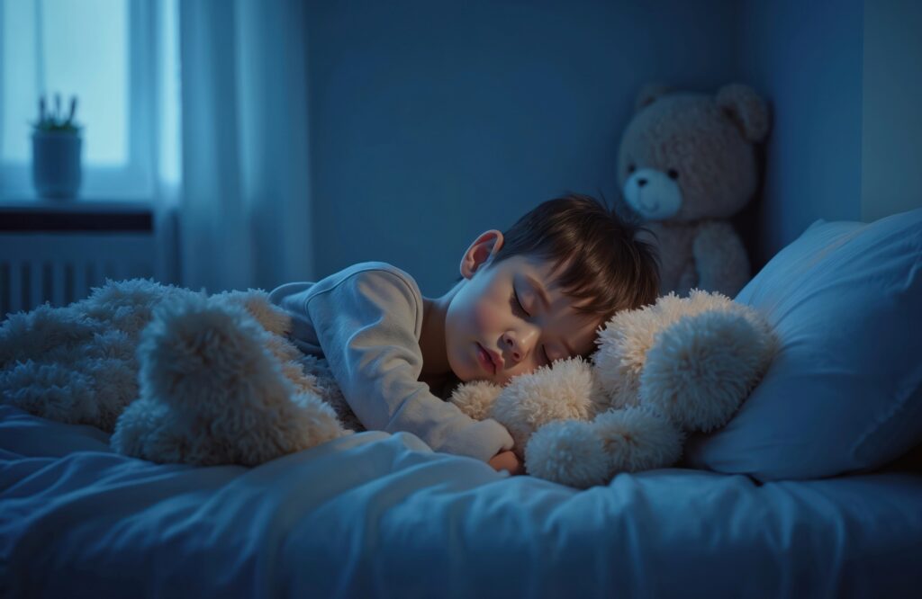 Sovende gutt med bamse, på mørk soverom. Til bruk for illustrasjon av at LEd-lampen på varmepumpen kan dimmes, og passer soverom.